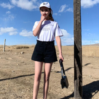 朗悦女装 2019夏季新款牛仔短裤女学生韩版A字型高腰阔腿短裤 LWKN193146 黑色 29