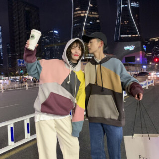 BANDALY 2019春季新款女装新品卫衣女情侣卫衣港风拼接连帽套头衫撞色外套 yzA469-1905 粉色 M