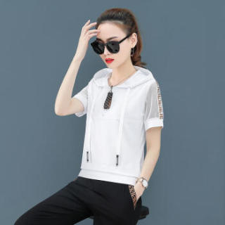 仙丫 2019夏季新款女装新品卫衣女韩版时尚跑步健身短袖休闲服两件套 HZ5068-5510 黑色 XXXL