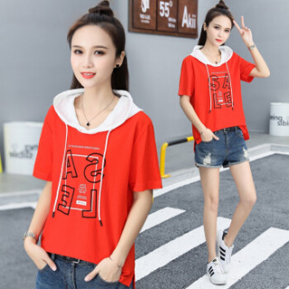 莉夏乐 2019夏装新品卫衣女装短袖韩版休闲慵懒风宽松潮款连帽时尚百搭上衣 HZ1000-806 黄色 L