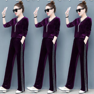 AUDDE 2019春季新款女装新品卫衣女两件套时尚休闲运动V领金丝绒阔腿裤套装 zx3E05-154 深紫色 XL