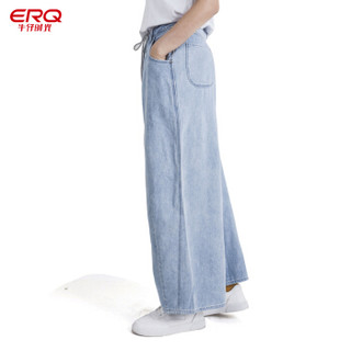ERQ女式2019新款春夏复古直筒阔腿中高腰垂感宽松显瘦柔软牛仔裤 浅蓝色 25