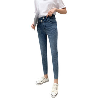 古地斯 GuDiSi 牛仔裤女2019春季高腰弹力韩版修身小脚显瘦春款浅色铅笔裤子N9979 蓝色 XL