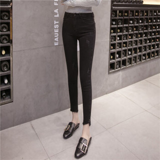 新薇丽（Sum Rayleigh）毛边牛仔裤 2019年新款时尚百搭高弹显瘦气质女铅笔裤 AZJZ6812 黑色 2XL