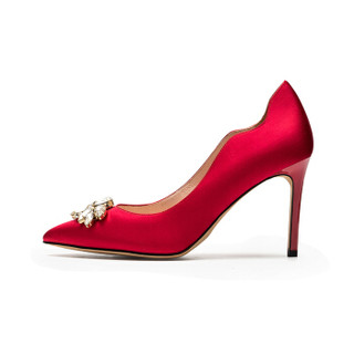 le saunda 莱尔斯丹 时尚优雅尖头套脚水钻搭扣高跟女新娘单鞋 LS 9T94417 红色光身 36
