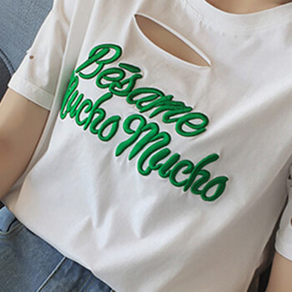 朗悦女装 2019夏季新款韩版破洞短袖T恤简约字母印花套头上衣 LWTD182208 白色 S