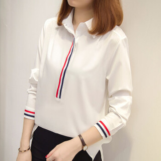 朗悦女装 2019春季新款韩版长袖衬衫简约纯色套头打底衫LWCC181525T 白色 M