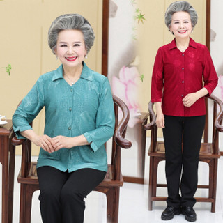 仙丫 2019春夏季新品女装中老年奶奶装立领九分袖衬衫印花60-80岁老人上衣 GZJS8022 红色 XXL