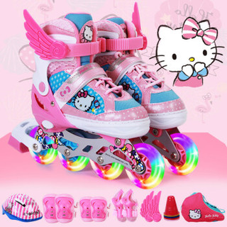 凯蒂猫(hellokitty)儿童溜冰鞋全闪光轮滑鞋套装 轮滑包可调旱冰鞋HCB71250-8-1粉色31-34 +凑单品