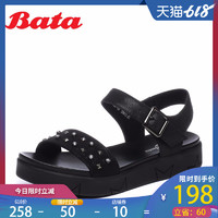 Bata/拔佳夏新专柜同款一字带铆钉厚底休闲布纹女凉鞋5116BL8