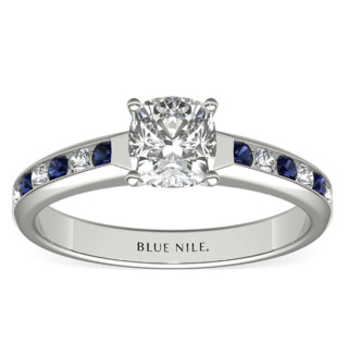 Blue Nile 1克拉垫形钻石+蓝宝石白金钻戒托 婚戒