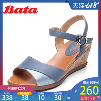 Bata拔佳夏季凉鞋款专柜同款优雅坡跟高跟羊皮革女凉鞋APJ08BL8