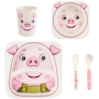 希尔（SHALL）猪宝贝儿童餐具宝宝竹纤维餐具套装婴儿辅食碗杯子叉子勺子5件套ZB6619