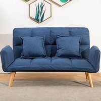 沙发床折叠实木脚棉麻布艺沙发躺椅可拆洗榻榻米小户型布艺沙发（送2个抱枕） (深蓝色)