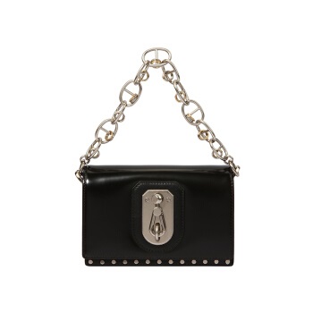 DISSONA 女包宽肩带女包单肩包牛皮斜挎包链条女手提竖款方形小包包  81820175036000 黑色