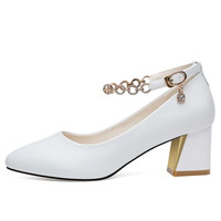 LAIKAJINDUN 莱卡金顿 韩版粗跟尖头高跟浅口水钻一字扣女单鞋 6615 白色 37