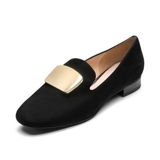 le saunda 莱尔斯 时尚优雅通勤圆头套脚搭扣粗低跟女奶奶单鞋LS AM12903 黑色 36