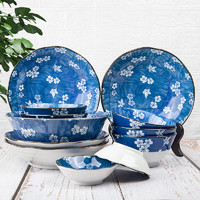 美浓烧日式家用碗碟套装 创意日式复古青花瓷12件套餐具（春樱秋叶）