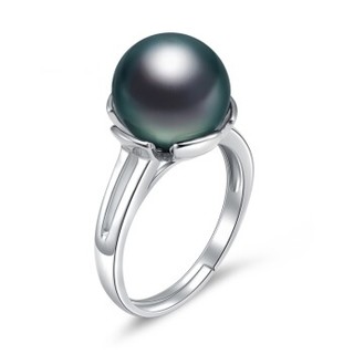 黛米珠宝  10.5-11mm正圆强亮光泽大溪地黑珍珠戒指925银 海眸 黑色 10.5-11mm