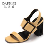 Daphne/达芙妮 夏复古方头高跟女鞋 欧美风一字带粗跟露趾凉鞋- *2件