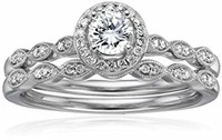 IGI 认证 14k 白金钻石复古光环带磨粒结婚戒指套装