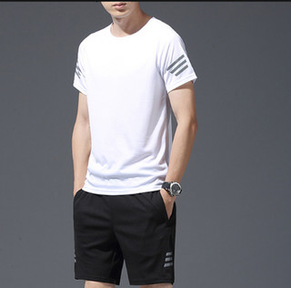 Fuguiniao 富贵鸟 男士夏季短袖速干套装排汗透气弹力跑步运动短裤健身运动套装 108 白色 XL
