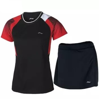 LI-NING 李宁 羽毛球系列 新款运动短袖套装速干面料女子队服羽毛球服套装半袖上衣短裤 AATP018-2 黑 XL码/175