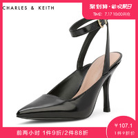 17号10点：CHARLES＆KEITH夏凉鞋女CK1-60280126方口尖头腕扣带条纹细高跟鞋
