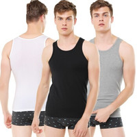 Miiow 猫人 背心男士背心夏季运动舒适上衣半袖修身无袖打底衫T恤薄款 三件装 MOT815101 黑+白+灰 XXL MOT815101 (黑色、XXL、棉 氨纶)