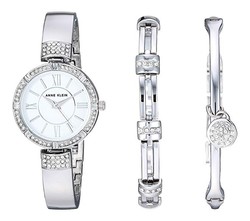 ANNE KLEIN 安妮·克莱因 女士高级水晶装饰手表和手链套装 银色