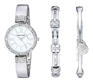 ANNE KLEIN 女士高级水晶装饰手表和手链套装 银色