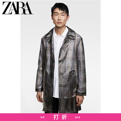 ZARA 新款 男装 半透明格子印花连帽中长款风衣外套 05507650990