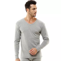 PLAYBOY 花花公子 男士保暖内衣 薄款纯棉秋衣秋裤大红本命年圆领秋衣男棉毛衫 7121/7203/7558 男(V领)浅麻灰 XXL