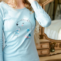 海之宁 秋衣秋裤女纯棉套装学生可爱青少年初高中女生打底内衣修身薄款秋冬季 H81QWNT020 蓝色小熊 M码