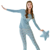 海之宁 秋衣秋裤女学生 全棉少女薄款打底内衣圆领贴身内穿卡通可爱 H81QWNT021 蓝色麋鹿 S码