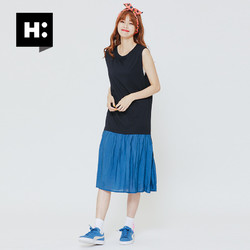H:CONNECT夏季新款连衣裙韩国休闲圆领无袖拼色百褶褶皱裙