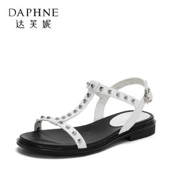 Daphne/达芙妮女鞋夏季时尚休闲丁字扣带低跟舒适平底鞋凉鞋-