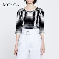 MOCO夏季新品镶边圆领绑结条纹露背T恤MT182TEE202 摩安珂
