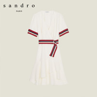 sandro 新款女装条纹边饰系带扣连衣裙R20665E