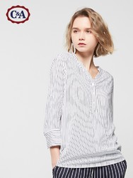 CA纽扣套头竖条纹九分袖衬衫女 2019春合身版衬衫薄ECD119010