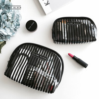 BLANC BLACK PVC拉链水饺形透明镂空条纹化妆品收纳包 手拿包  黑色  小号