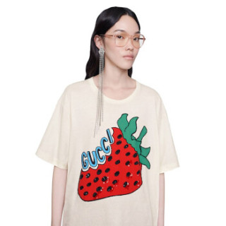 GUCCI 古奇 女士T恤圆领亮片刺绣Gucci草莓印花Oversize造型 539081 XJA2J 7136