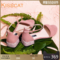 接吻猫夏季新款简约时尚一字带羊绒粗低跟凉鞋女DA98192-50