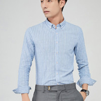 Fuguiniao 富贵鸟 条纹衬衫男新款韩版休闲衬衣青年长袖衬衫男 17122FGS29