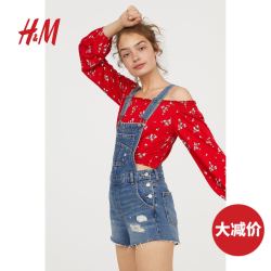 H&M DIVIDED女装牛仔裤 时尚街头牛仔背带短裤 HM0594921