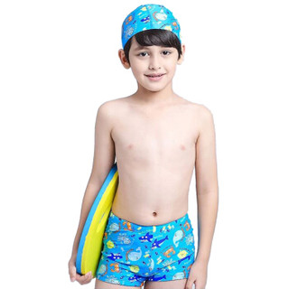 宜肤 儿童泳衣男童平角泳裤游泳衣带帽套装 浅蓝 XL       1508 (XL、莱卡、分体)