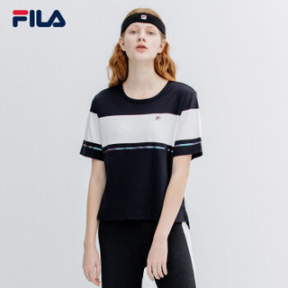 FILA 斐乐官方 女子短袖T恤 2019夏季新品宽松色织撞色针织短袖衫 传奇蓝A-NV 180/96A/XXL