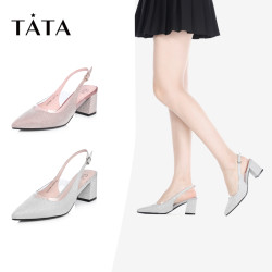 Tata/他她春专柜同款一字带尖头粗高跟女凉鞋S1213AH8