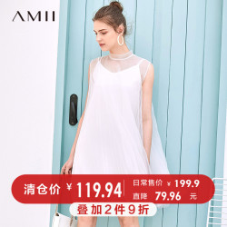 Amii极简仙女清新百褶短裙2019夏新立领无袖配吊带透明网纱连衣裙