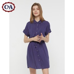 C&A抽绳收腰休闲复古气质短袖连衣裙女学生夏装A字裙CA200218394